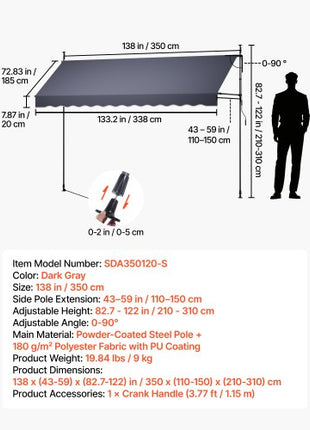 Manual Retractable Awning, 138" Outdoor Retractable Patio Awning Sunshade Shelter, Height Adjustable Patio Door Window Canopy with Manual Crank Handle for Backyard, Garden, Balcony, Dark Gray