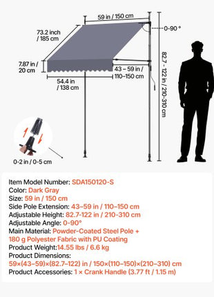 Manual Retractable Awning, 59" Outdoor Retractable Patio Awning Sunshade Shelter, Height Adjustable Patio Door Window Canopy with Manual Crank Handle for Backyard, Garden, Balcony, Dark Gray