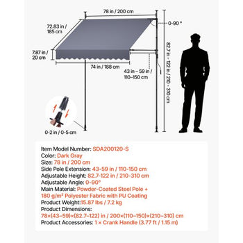 Manual Retractable Awning, 78" Outdoor Retractable Patio Awning Sunshade Shelter, Height Adjustable Patio Door Window Canopy with Manual Crank Handle for Backyard, Garden, Balcony, Dark Gray
