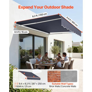 Manual Retractable Awning, 9.8' x 8.2' Outdoor Patio Awning Retractable Sun Shade, Patio Door Window Water-Resistant Polyester Sunshade Shelter with Crank Handle for Deck, Balcony, Yard, Gray
