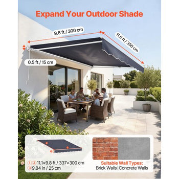 Manual Retractable Awning, 11.5' x 9.8' Outdoor Patio Awning Retractable Sun Shade, Patio Door Window Water-Resistant Polyester Sunshade Shelter with Crank Handle for Deck, Balcony, Yard, Gray