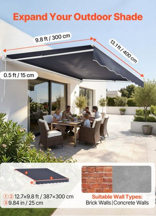 Manual Retractable Awning, 13.1' x 9.8' Outdoor Patio Awning Retractable Sun Shade, Patio Door Window Water-Resistant Polyester Sunshade Shelter with Crank Handle for Deck, Balcony, Yard, Gray