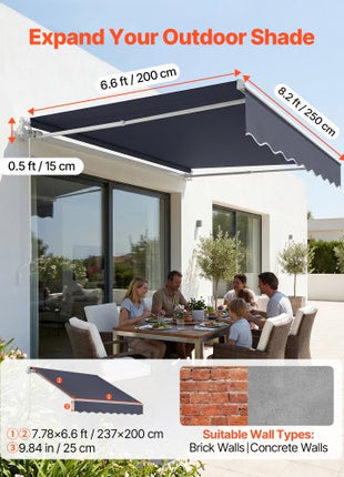 Manual Retractable Awning, 8.2' x 6.6' Outdoor Patio Awning Retractable Sun Shade, Patio Door Window Water-Resistant Polyester Sunshade Shelter with Crank Handle for Deck, Balcony, Yard, Gray