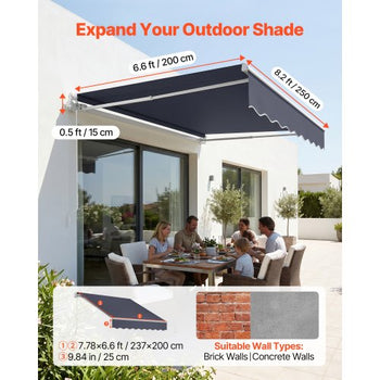 Manual Retractable Awning, 8.2' x 6.6' Outdoor Patio Awning Retractable Sun Shade, Patio Door Window Water-Resistant Polyester Sunshade Shelter with Crank Handle for Deck, Balcony, Yard, Gray