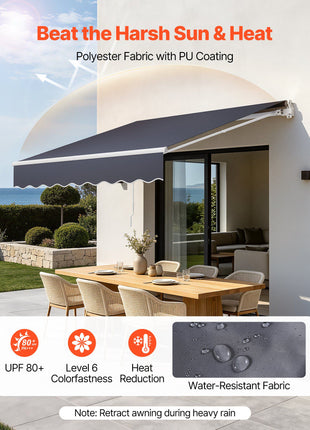 Manual Retractable Awning, 8.2' x 6.6' Outdoor Patio Awning Retractable Sun Shade, Patio Door Window Water-Resistant Polyester Sunshade Shelter with Crank Handle for Deck, Balcony, Yard, Gray
