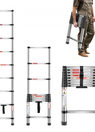 Telescoping Ladder, 8.5ft Stainless Steel Lightweight Extension Ladder, Multi-Button Retraction Collapsible Ladders, 330LBS Capacity & Non-Slip Feet, Portable 9-Step Ladders for Home, RV, Loft