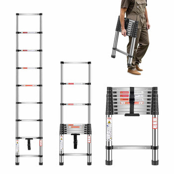 Telescoping Ladder, 8.5ft Stainless Steel Lightweight Extension Ladder, Multi-Button Retraction Collapsible Ladders, 330LBS Capacity & Non-Slip Feet, Portable 9-Step Ladders for Home, RV, Loft