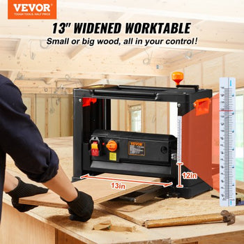 Benchtop Thickness Planer, Dual Speed, 13" Wide Table, Equipped with Three Blades, 15-Amp 2000W Motor, Includes 12" Extended Input Table, Designed for Quiet Operation on Various Wood Types