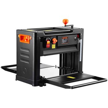 Black and orange portable wood planer with dual speed settings and adjustable height for precision woodworking projects.