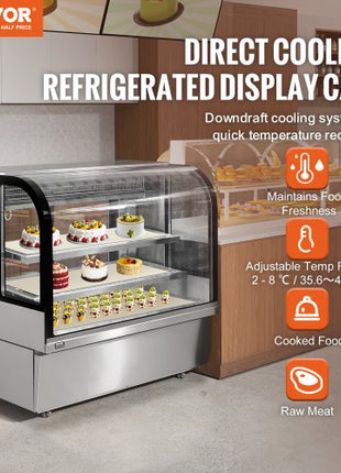 Refrigerated Display Case, 18 Cu.Ft./505L Large Pastry Display Case, 2-Tier Commercial Display Refrigerator with LED Lighting, Downdraft Cooling, Movable with Casters, for Bakery