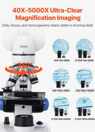 Trinocular Microscope, 40-5000X Magnification, Professional Compound Microscope for Adult with Phone Adapter, LED Light, Aluminum Alloy Body, for Lab, School, Home, Education