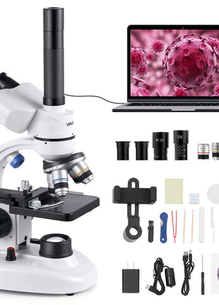 Trinocular Microscope, 40-5000X Magnification, Professional Compound Microscope for Adult with Phone Adapter, LED Light, Aluminum Alloy Body, for Lab, School, Home, Education