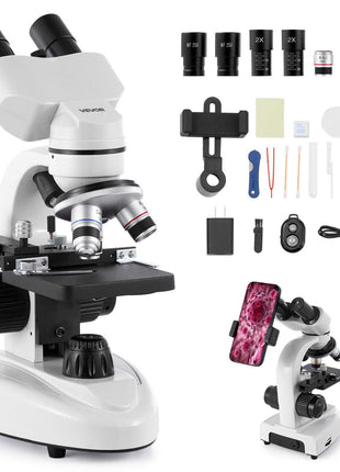 Compound Binocular Microscope, 40-2000X Magnification, Professional Compound Microscope for Adult with Phone Adapter, LED Light, Aluminum Alloy Body, for Lab, School, Home, Education
