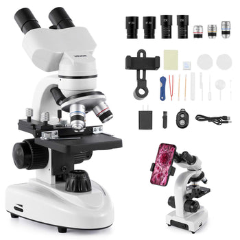 Compound Binocular Microscope, 40-2000X Magnification, Professional Compound Microscope for Adult with Phone Adapter, LED Light, Aluminum Alloy Body, for Lab, School, Home, Education