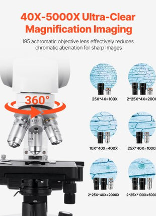 Binocular Microscope, 40-5000X Magnification, Professional Compound Microscope for Adult with Dual Stage and Two Sets of Eyepieces, Aluminum Alloy Body, Includes LED Light and Phone Holder