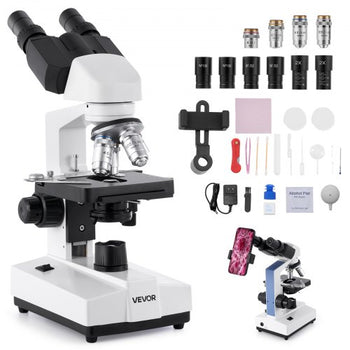 Binocular Microscope, 40-5000X Magnification, Professional Compound Microscope for Adult with Dual Stage and Two Sets of Eyepieces, Aluminum Alloy Body, Includes LED Light and Phone Holder