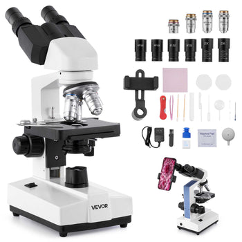 Binocular Microscope, 40-5000X Magnification, Professional Compound Microscope for Adult with Dual Stage and Two Sets of Eyepieces, Aluminum Alloy Body, Includes LED Light and Phone Holder