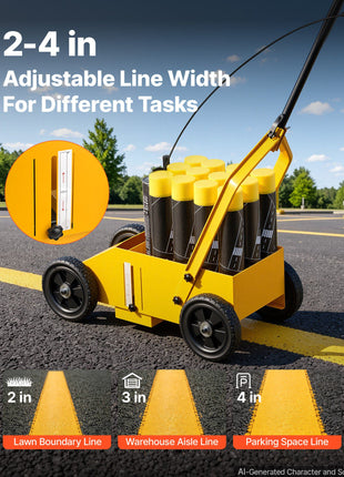 Striping Line Marking Machine 12-Can Capacity Yellow with 4 Wheels, Parking Lot Striping Machine, 2 to 4 in Adjustable Line Width, Heavy Duty, Fast and Accurate Marking, with Adapter Nozzle