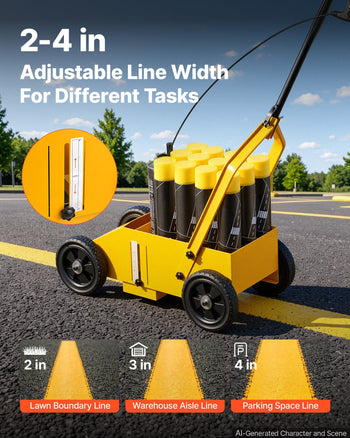 Striping Line Marking Machine 12-Can Capacity Yellow with 4 Wheels, Parking Lot Striping Machine, 2 to 4 in Adjustable Line Width, Heavy Duty, Fast and Accurate Marking, with Adapter Nozzle