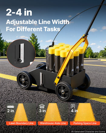 Striping Line Marking Machine 12-Can Capacity Black with 4 Wheels, Parking Lot Striping Machine, 2 to 4 in Adjustable Line Width, Heavy Duty, Fast and Accurate Marking, with Adapter Nozzle