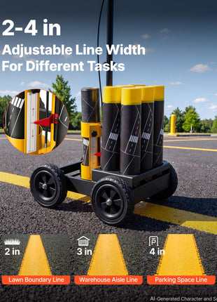 Striping Line Marking Machine 6-Can Capacity Black with 4 Wheels, Parking Lot Striping Machine, 2 to 4 in Adjustable Line Width, Heavy Duty, Fast and Accurate Marking, with Adapter Nozzle