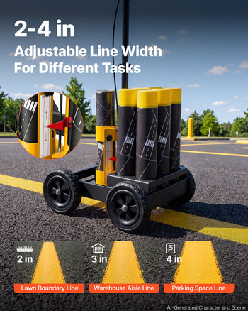 Striping Line Marking Machine 6-Can Capacity Black with 4 Wheels, Parking Lot Striping Machine, 2 to 4 in Adjustable Line Width, Heavy Duty, Fast and Accurate Marking, with Adapter Nozzle