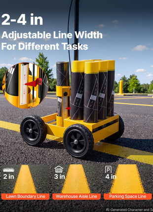Striping Line Marking Machine 6-Can Capacity Yellow with 4 Wheels, Parking Lot Striping Machine, 2 to 4 in Adjustable Line Width, Heavy Duty, Fast and Accurate Marking, with Adapter Nozzle
