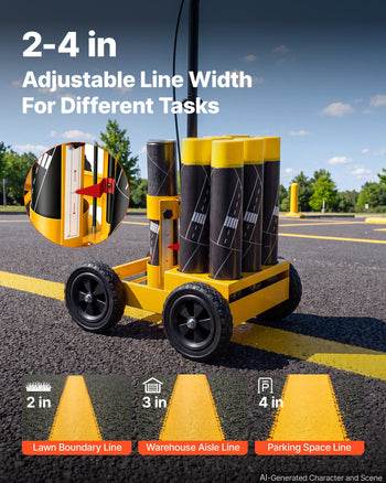 Striping Line Marking Machine 6-Can Capacity Yellow with 4 Wheels, Parking Lot Striping Machine, 2 to 4 in Adjustable Line Width, Heavy Duty, Fast and Accurate Marking, with Adapter Nozzle