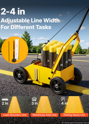 Striping Line Marking Machine 9-Can Capacity Yellow with 4 Wheels, Parking Lot Striping Machine, 2 to 4 in Adjustable Line Width, Heavy Duty, Fast and Accurate Marking, with Adapter Nozzle