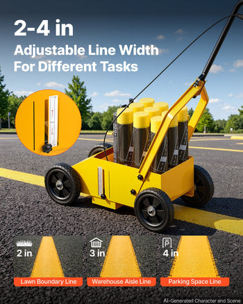 Striping Line Marking Machine 9-Can Capacity Yellow with 4 Wheels, Parking Lot Striping Machine, 2 to 4 in Adjustable Line Width, Heavy Duty, Fast and Accurate Marking, with Adapter Nozzle