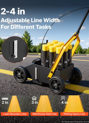 Striping Line Marking Machine 9-Can Capacity Black with 4 Wheels, Parking Lot Striping Machine, 2 to 4 in Adjustable Line Width, Heavy Duty, Fast and Accurate Marking, with Adapter Nozzle