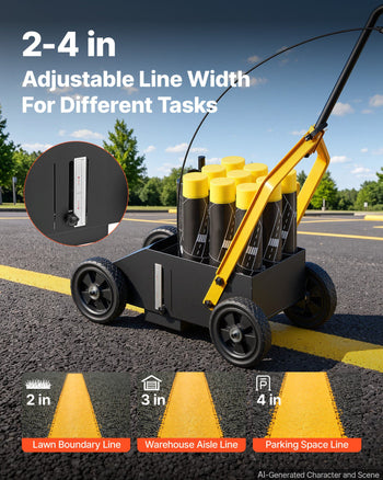 Striping Line Marking Machine 9-Can Capacity Black with 4 Wheels, Parking Lot Striping Machine, 2 to 4 in Adjustable Line Width, Heavy Duty, Fast and Accurate Marking, with Adapter Nozzle