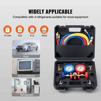 Colorful HVAC refrigerant gauge set in a sturdy black case, compatible with R134A, R22, R12, and R502 systems.