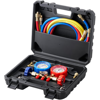 Colorful HVAC gauge set in a durable black case, featuring red, blue, and yellow hoses for efficient air conditioning service.