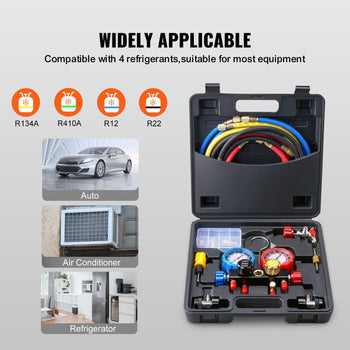 Colorful refrigerant gauge set in sturdy black case, compatible with R134A, R410A, R12, and R22 for auto and HVAC use.