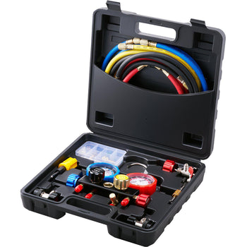 Black refrigerant gauge set in sturdy case, featuring blue and red hoses, color-coded pressure gauges, and accessories.
