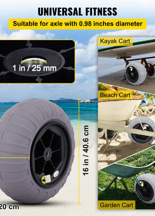 Beach Balloon Wheels, 16" Replacement Sand Tires, TPU Cart Tires for Kayak Dolly, Canoe Cart and Buggy with Free Air Pump, 2-Pack
