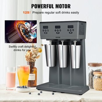 Milkshake Maker, 375W x 3 Electric Milkshake Machine, Commercial Triple Heads Drink Mixer Blender, LED Intelligent Microswitch, 3-Speed Milkshake Mixer with 3 x 820 ml Stainless Steel Cups