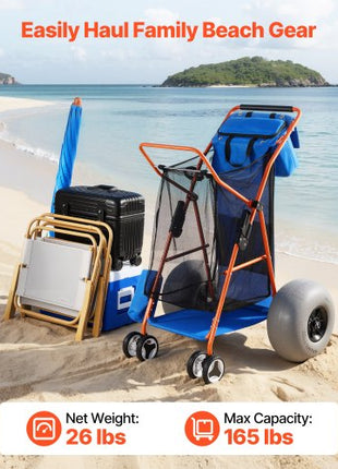 Beach Cart with Large Wheels for Sand, 165 lbs Load Capacity, Heavy Duty Folding Beach Wagon with 12" Balloon Wheels, Insulated Cooler Bag, Umbrella Holder, Holds 4 Chairs for Camping & Fishing