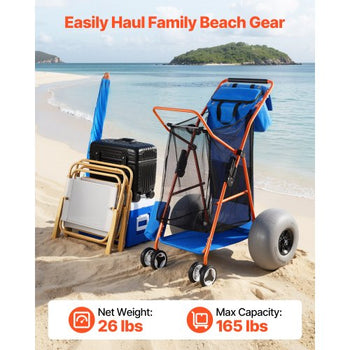Beach Cart with Large Wheels for Sand, 165 lbs Load Capacity, Heavy Duty Folding Beach Wagon with 12" Balloon Wheels, Insulated Cooler Bag, Umbrella Holder, Holds 4 Chairs for Camping & Fishing