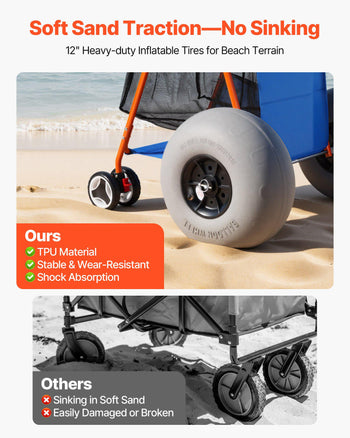 Beach Cart with Large Wheels for Sand, 165 lbs Load Capacity, Heavy Duty Folding Beach Wagon with 12" Balloon Wheels, Insulated Cooler Bag, Umbrella Holder, Holds 4 Chairs for Camping & Fishing