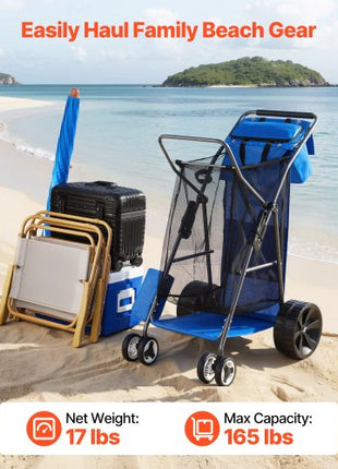 Beach Cart with Large Wheels for Sand, 165 lbs Load Capacity, Heavy Duty Folding Beach Wagon with 10" Solid Wheels, Insulated Cooler Bag, Umbrella Holder, Holds 4 Chairs for Camping & Fishing