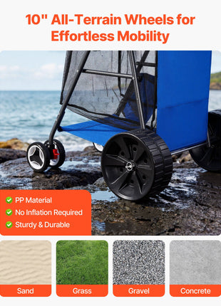 Beach Cart with Large Wheels for Sand, 165 lbs Load Capacity, Heavy Duty Folding Beach Wagon with 10" Solid Wheels, Insulated Cooler Bag, Umbrella Holder, Holds 4 Chairs for Camping & Fishing