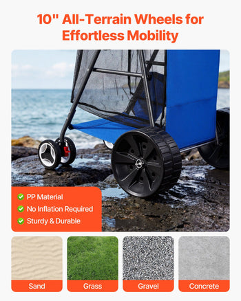 Beach Cart with Large Wheels for Sand, 165 lbs Load Capacity, Heavy Duty Folding Beach Wagon with 10" Solid Wheels, Insulated Cooler Bag, Umbrella Holder, Holds 4 Chairs for Camping & Fishing