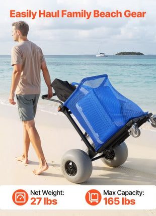 Beach Cart with Large Wheels for Sand, 165 lbs Load Capacity, Heavy Duty Folding Beach Wagon with 12" Balloon Wheels, Storage Bag, 180° Adjustable Handlebar, Dolly for Camping Fishing Garden