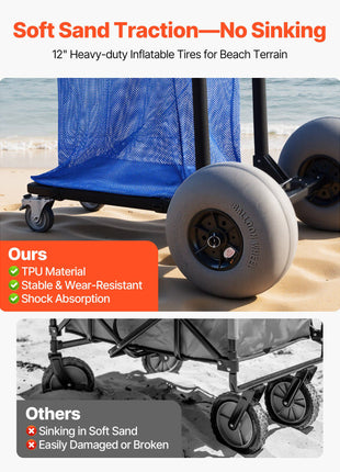 Beach Cart with Large Wheels for Sand, 165 lbs Load Capacity, Heavy Duty Folding Beach Wagon with 12" Balloon Wheels, Storage Bag, 180° Adjustable Handlebar, Dolly for Camping Fishing Garden
