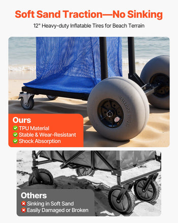 Beach Cart with Large Wheels for Sand, 165 lbs Load Capacity, Heavy Duty Folding Beach Wagon with 12" Balloon Wheels, Storage Bag, 180° Adjustable Handlebar, Dolly for Camping Fishing Garden