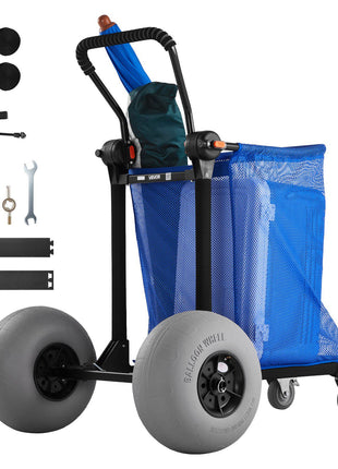 Beach Cart with Large Wheels for Sand, 165 lbs Load Capacity, Heavy Duty Folding Beach Wagon with 12" Balloon Wheels, Storage Bag, 180° Adjustable Handlebar, Dolly for Camping Fishing Garden