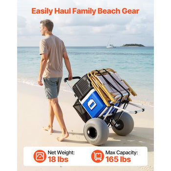 Beach Dolly with Big Wheels for Sand, 20" x 15" Cargo Deck, Folding Sand Cart with 12" Balloon Wheels, 165 lbs Loading Capacity & 34" to 46" Adjustable Height, Heavy Duty Cart for Beach Camping