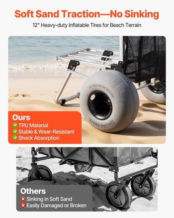 Beach Dolly with Big Wheels for Sand, 20" x 15" Cargo Deck, Folding Sand Cart with 12" Balloon Wheels, 165 lbs Loading Capacity & 34" to 46" Adjustable Height, Heavy Duty Cart for Beach Camping